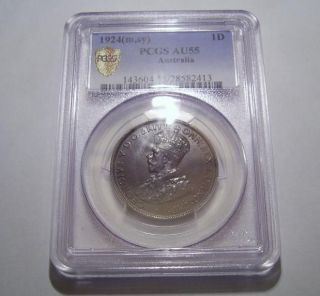Australia One 1 Penny 1924 Pcgs Certified Au55 Coin Bronze Rare photo