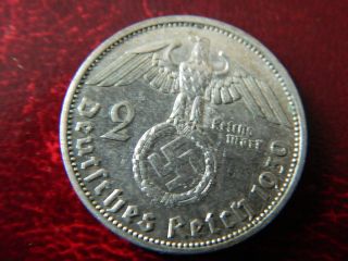 German 2 Mark 1939 A Silver Coin With Eagle 1306 photo