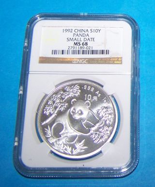 1992 China Silver 10 Yuan Small Date Panda,  Ngc Ms 68 photo