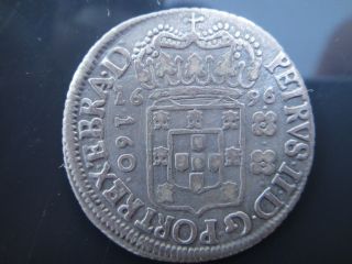 Brazil 1696 Silver Coin 160 Reis Narrow Crown D.  Petrus Ii Rare Vf ++ photo