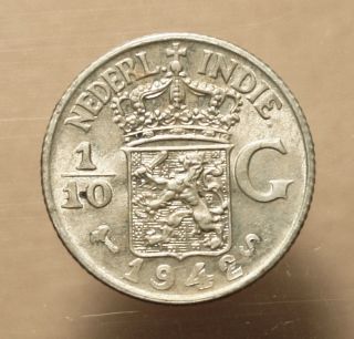 Netherlands East Indies 1/10 Gulden 1942 - S Uncirculated Silver Coin photo