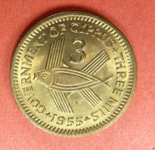 Cyprus 1955 Unc 3 Mils Bronze Coin,  Km 33,  Greece,  Zypern,  Chypre,  Chipre,  Cipro photo