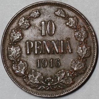 1916 (imperial Russian Duchy) Finland 10 Pennia Coin Czar Nicholas Ii photo