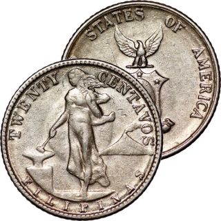 1945 D Philippines 20 Centavos Silver Coin photo