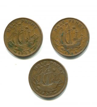 Three English Half Pennys 1937,  44,  And57 photo