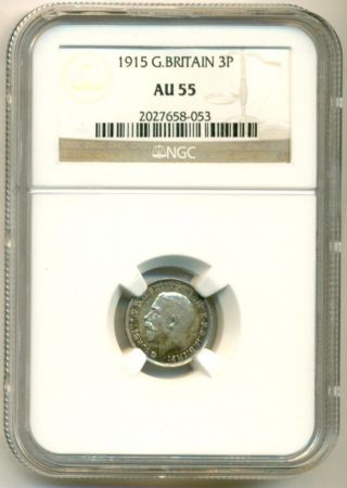 Great Britain Silver 1915 3 Pence Au55 Ngc photo