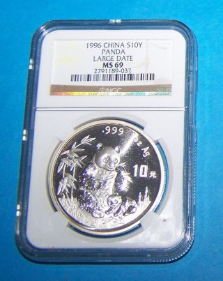 1996 China Silver 10 Yuan Large Date Panda,  Ngc Ms 69 photo