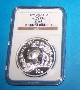 1997 China Silver 10 Yuan Small Date Panda,  Ngc Ms 69 photo