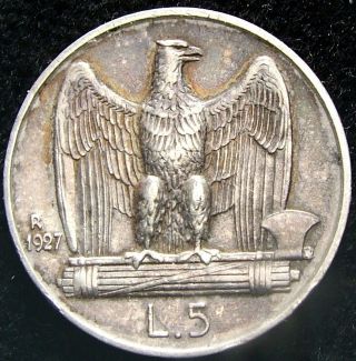1927 Kingdom Italy 5 Lire 1927 Silver Coin Fascist Eagle photo