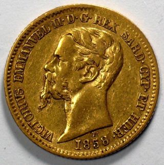 1858 Italy 20 Lire Vittorio Emanuele Ii Sardegna Gold Coin photo