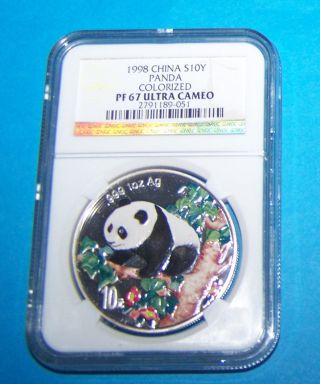 1998 China Silver 10 Yuan Color Proof Panda,  Ngc Pf 67 photo