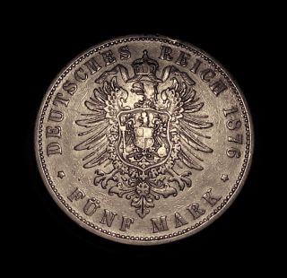 1876 Germany 5 Mark Silver Crown Wurttemberg Scarce Silver Coin photo