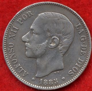 Rare 5 Pesetas Silver Spain Coin 1885 Alfonso Xii Xf+ photo