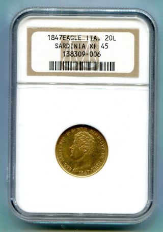 1847 Sardinia Italy 20 Lira Gold Coin Ngc Xf 45 photo