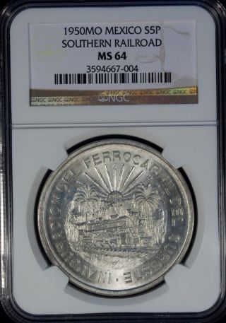 1950 Mo Mexico Silver 5 Pesos Ngc Ms 64 Unc Southern Railroad photo