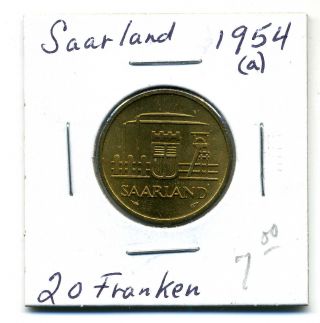 Saarland 20 Franken 1954 (a),  Unc photo