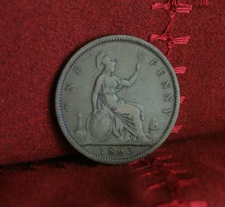 1863 Great Britain 1 Penny Bronze World Coin Britania Seated Km749.  2 Uk England photo