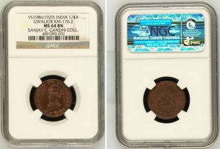India Gwalior State Vs1986 (1929) 1/4 Anna Ngc Graded Ms64 Bn Km - 176.  2 photo