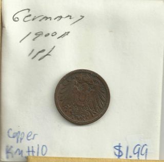 1900 A Germany 1 Pfennig Coin Km 10 Copper Coin photo