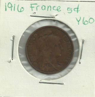 1916 France 5 Cents Coin Y 60 Bronze Coin photo