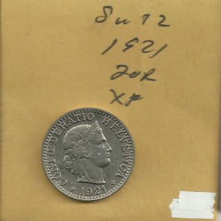 1921 B Switzerland 20 Rappen Coin Nickel Composition,  Km 29 Swiss Coin photo