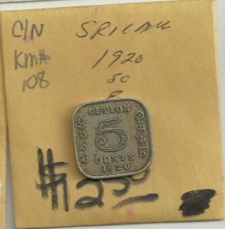 1920 Ceylon (sri Lanka) 5 Cent Coin Km108 Copper/nickel photo