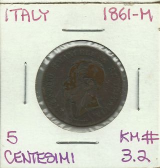 1861 - M Italy 5 Centesimi Coin Km 3.  2 Copper Coin,  Really Dark photo