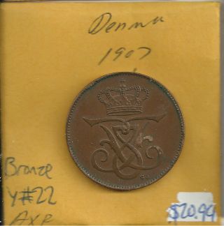 1907 Denmark 5 Ore Coin,  Bronze Y 22 Bronze photo
