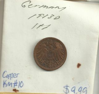 1913 D Germany 1 Pfennig Coin Copper Km 10 Coin photo