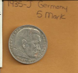 1935 - J Germany 5 Mark Coin.  900 Silver,  Hindenburg Coin, ,  Please See Scans photo