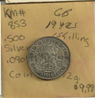 1942 - S Great Britain 1 Shilling Coin.  500 Silver.  0909 Oz Asw Km 853 Vintagecoin photo