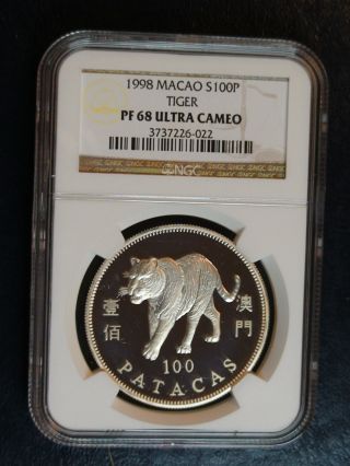 1998 Silver Macao 100 Patacas Ngc Pf 68 Ultra Cameo Tiger Proof Coin photo