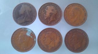 (6) Great Britain One Penny 1901 - 1946 Victoria,  George V,  George Vi photo