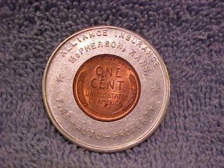 1949 Alliance Insurance Encased Cent Lucky Penny Mcpherson Kans Ks Excs photo