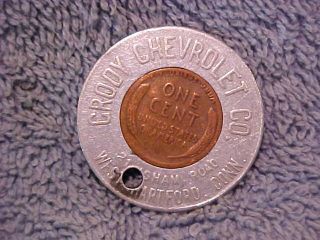 1947 D Grody Chevrolet Encased Cent West Hartford Conn Lucky Penny Chevy Wycc photo