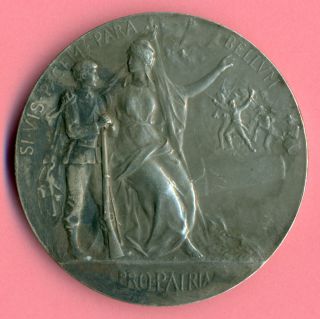 Large French Solid Silver Art Nouveau Medal Pro - Patria Lion Marianne Gun photo