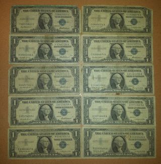 1935 - 1957 10 One Dollar Silver Certifcates - Circulated - All Low Serial Numbers photo