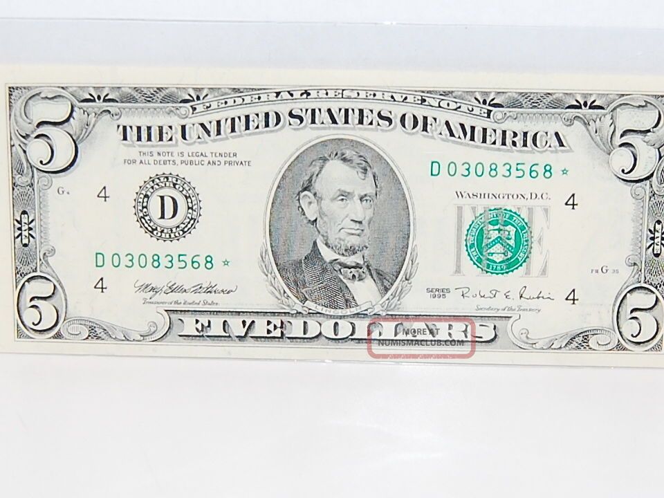 1995 5 Dollar (5. 00) Bill Green Seal D 03083568 Federal Reserve Note