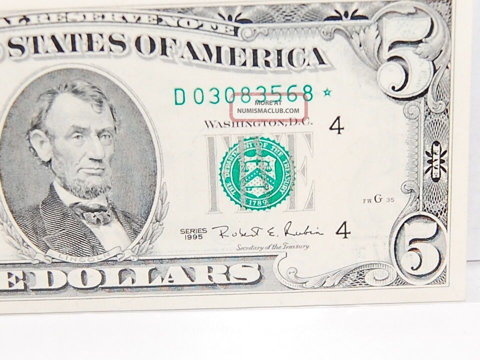 1995 5 Dollar (5. 00) Bill Green Seal D 03083568 Federal Reserve Note