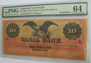 1860s $10 Canal Bank Louisiana,  Orleans Pmg 64 Obsolete Bank Note photo