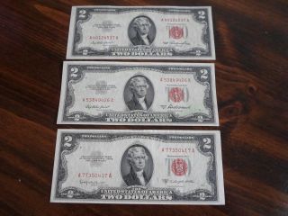 Trio (3) Series 1953,  1953a,  1953c $2 Bills,  Au+ photo