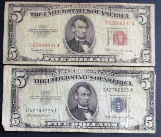 One 1953c $5 United States Note & One 1953 $5 Silver Certificate (c62740225a) photo