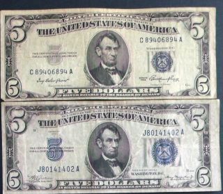 One 1953 $5 & One 1934a $5 Blue Seal Silver Certificate (j80141402a) photo