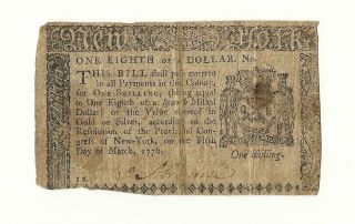 Us 1776 Continental Currency One Eighth Of A Dollar York 1776 Fine+ photo