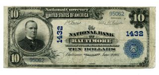 1902 $10 National Bank Note National Bank Of Baltimore Md 1432 Fn photo