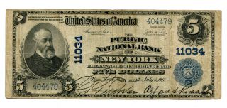 1902 $5 National Bank Note Public National Bank York Ny 11034 Fn photo
