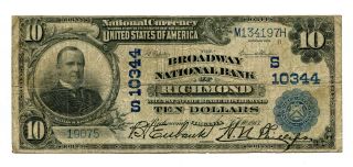 1902 $10 National Bank Note Broadway National Bank Richmond Va 10344 Fn photo
