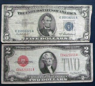 One 1953a $5 Silver Certificate & One 1928d $2 United States Note (c84521651a) photo