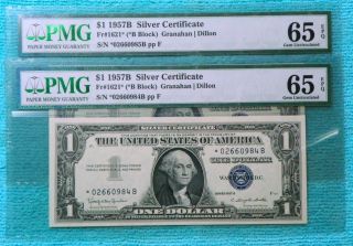 Star (2) Consecutive 1957b Uncirculated $1 One Dollar Silver Certificates photo