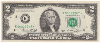 Crisp Uncirculated 1976 K Star Note,  2 Dollar Bill,  1976 - K Two Dollars photo